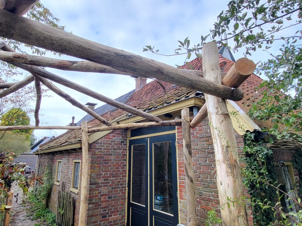 Creatieve pergola gemaakt van robinia palen in diverse afmetingen