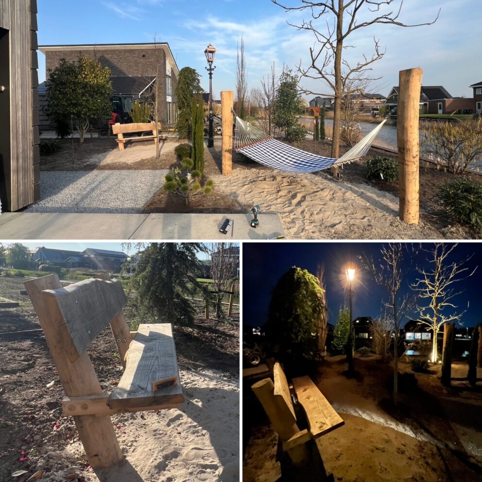 Hangmat en robuuste tuinbank robinia met kastanje schaaldelen en robinia paal 300 cm lang, diameter 22-24 cm, geschuurd met een hangmat eraan.