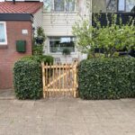 zelfgemaakte poort van kastanje paal diameter 7/9 cm en schapenhek 100 cm hoog, latafstand 6 cm