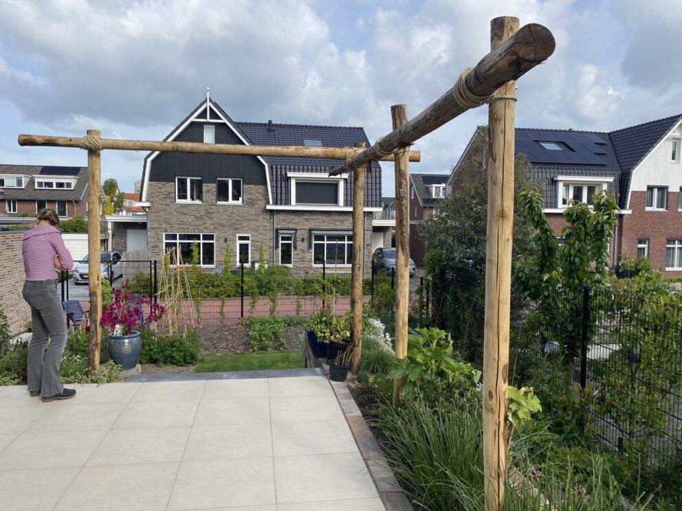 Pergola voor druiven, gemaakt van kastanjepaal 500 cm lang, diameter 10-12 cm, ongepunt, kastanje paal 400 cm lang, diameter 10-12 cm, ongepunt en kastanje paal 350 cm lang, diameter 10-12 cm, ongepunt