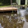 Steiger naar vijver gemaakt van kastanje paal 400 cm lang, diam. 10/12 cm en kastanje plank gezaagd 3x20x250 cm en kastanje balk rustiek bezaagd van 10x10x300 en 10x10x400 cm