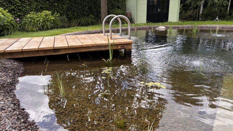 Steiger naar vijver gemaakt van kastanje paal 400 cm lang, diam. 10/12 cm en kastanje plank gezaagd 3x20x250 cm en kastanje balk rustiek bezaagd van 10x10x300 en 10x10x400 cm