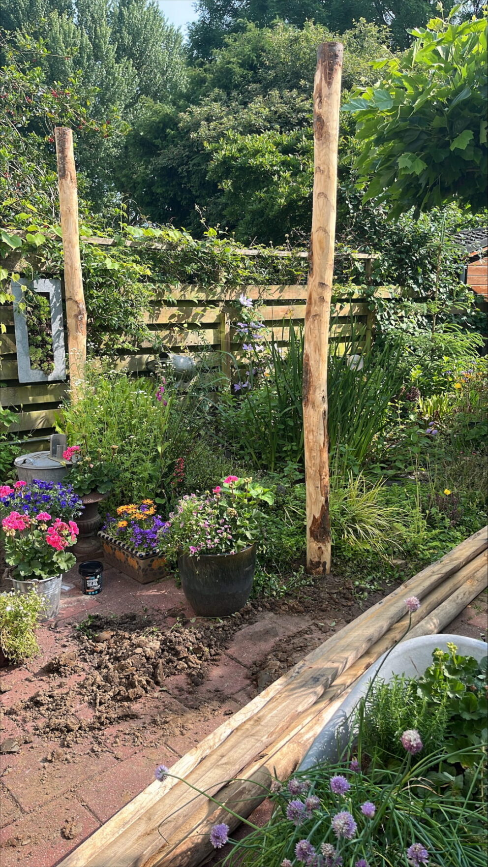 Kastanje paal 300 cm lang, diameter 10/12 cm in de tuin met bloemen