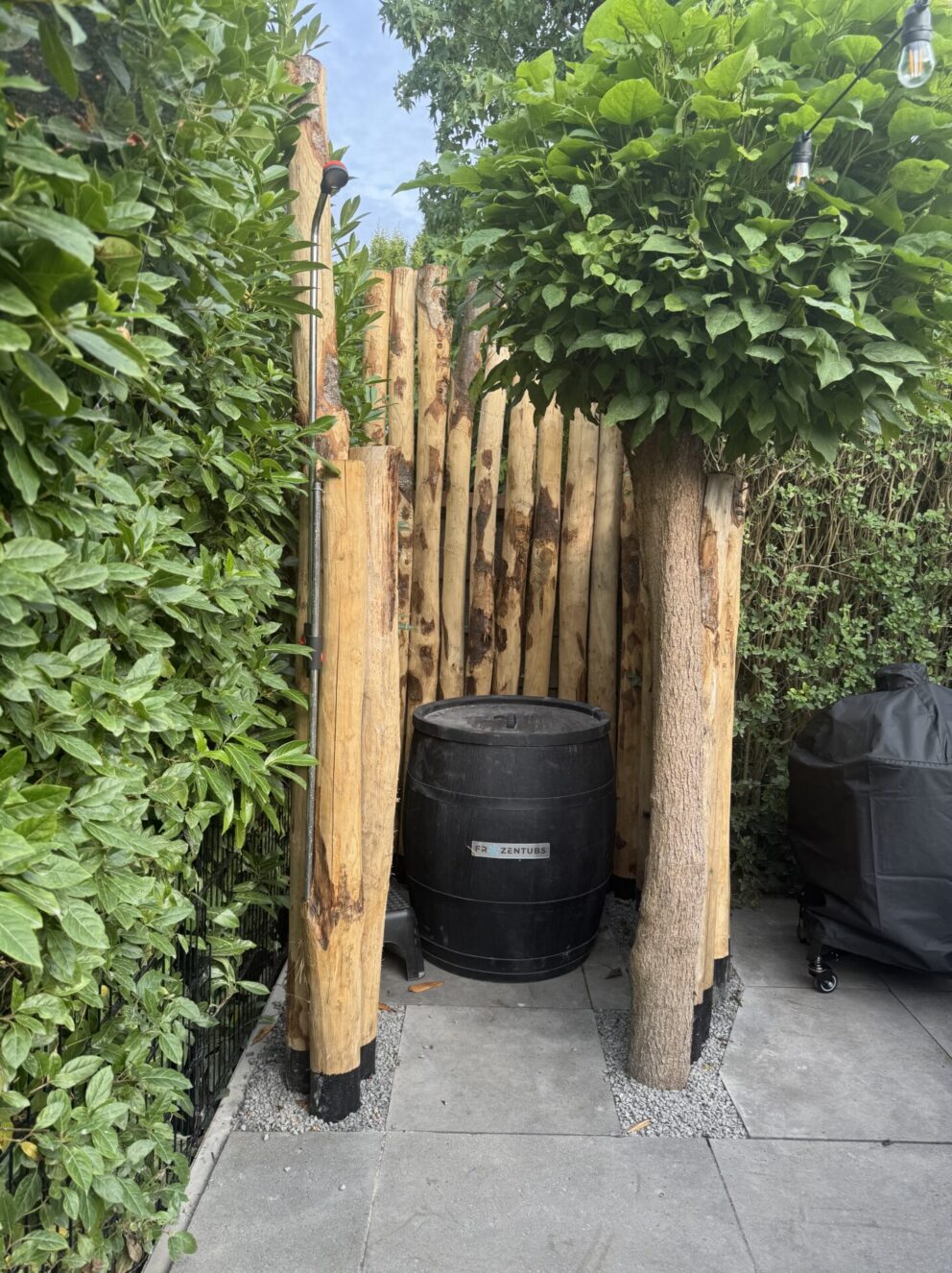 Kastanje paal 300 cm lang, diameter 10-12 cm, gepunt en kastanje paal 200 cm lang, diameter 10-12 cm, gepunt. Privacy bij een ijsbad.
