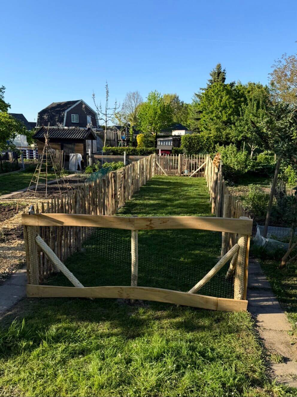 Frans schapenhek kastanje 120 cm hoog, latafstand 10 cm, 10 meter rol, schapenhek poort kastanje enkel, 100B x 120H (cm) en robinia schaaldeel geschuurd, 2,5 x 15/22 x 250, kippenren