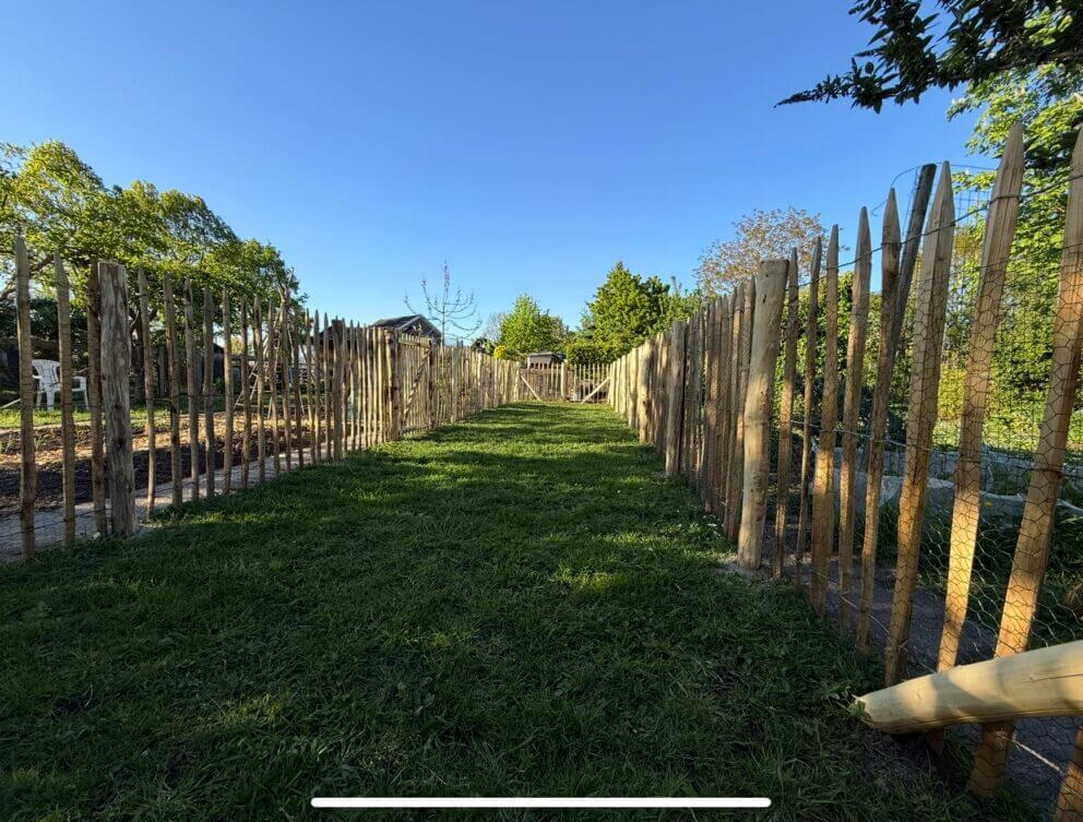 Frans schapenhek kastanje 120 cm hoog, latafstand 10 cm, 10 meter rol, schapenhek poort kastanje enkel, 100B x 120H (cm) en robinia schaaldeel geschuurd, 2,5 x 15/22 x 250, kippenren