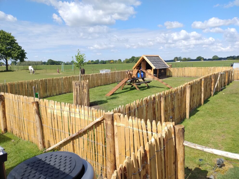 Frans schapenhek kastanje 100 hoog, latafstand 4 cm, 2 x 5m rol, Kastanje paal 150/160 cm lang, diam. 7-9 cm, gepunt, Kastanje paal 175 cm lang, diam. 10-12 cm, gepunt, RVS schroeven 4,5x60, 100 stuks incl. bitje, Raamwerkpoort kastanje enkel 080Bx100H (cm), linksdraaiend, dierenweide