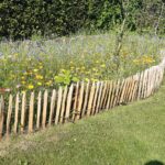 Frans schapenhek kastanje 50 hoog, latafstand 4 cm, 10m rol en kastanje paal 100 cm lang, diameter 7/9 cm gepunt, bloemen