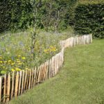 Frans schapenhek kastanje 50 hoog, latafstand 4 cm, 10m rol en kastanje paal 100 cm lang, diameter 7/9 cm gepunt, bloemen