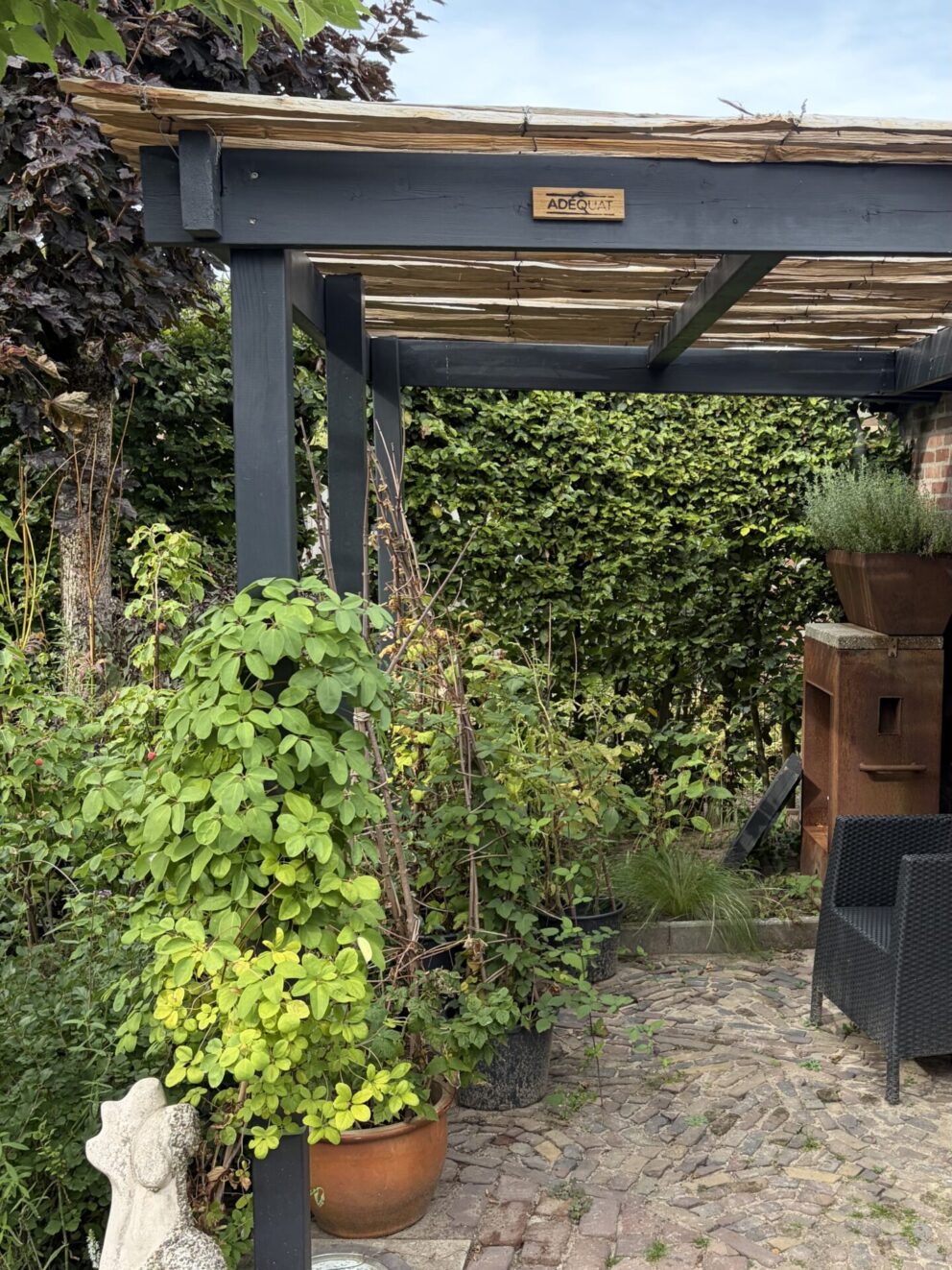 Schapenhek creatief gebruikt op een pergola