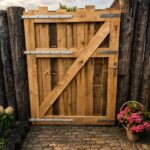 Kastanje plank gezaagd - 3x15x250 cm, Kastanje plank gezaagd - 2x15x250 cm, HALFRONDE Kastanje paal 250 cm lang, diam. 10-12 cm, HALFRONDE Kastanje paal 300 cm lang, diam. 10-12 cm, zelfgemaakte deur en palenwand schutting