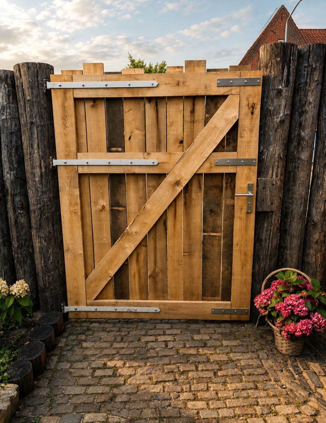 Kastanje plank gezaagd - 3x15x250 cm, Kastanje plank gezaagd - 2x15x250 cm, HALFRONDE Kastanje paal 250 cm lang, diam. 10-12 cm, HALFRONDE Kastanje paal 300 cm lang, diam. 10-12 cm, zelfgemaakte deur en palenwand schutting