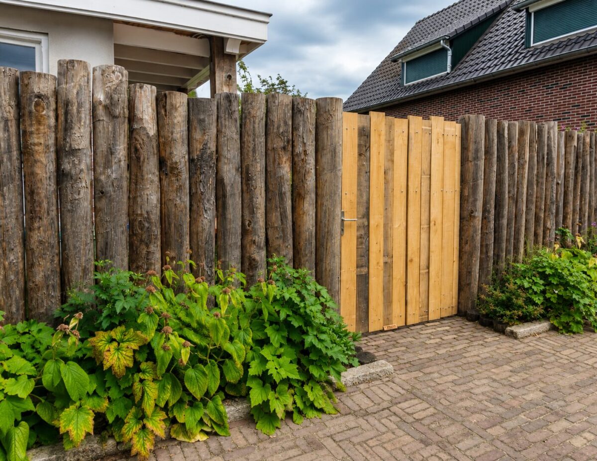 Kastanje plank gezaagd - 3x15x250 cm, Kastanje plank gezaagd - 2x15x250 cm, HALFRONDE Kastanje paal 250 cm lang, diam. 10-12 cm, HALFRONDE Kastanje paal 300 cm lang, diam. 10-12 cm, zelfgemaakte deur en palenwand schutting