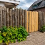 Kastanje plank gezaagd - 3x15x250 cm, Kastanje plank gezaagd - 2x15x250 cm, HALFRONDE Kastanje paal 250 cm lang, diam. 10-12 cm, HALFRONDE Kastanje paal 300 cm lang, diam. 10-12 cm, zelfgemaakte deur en palenwand schutting