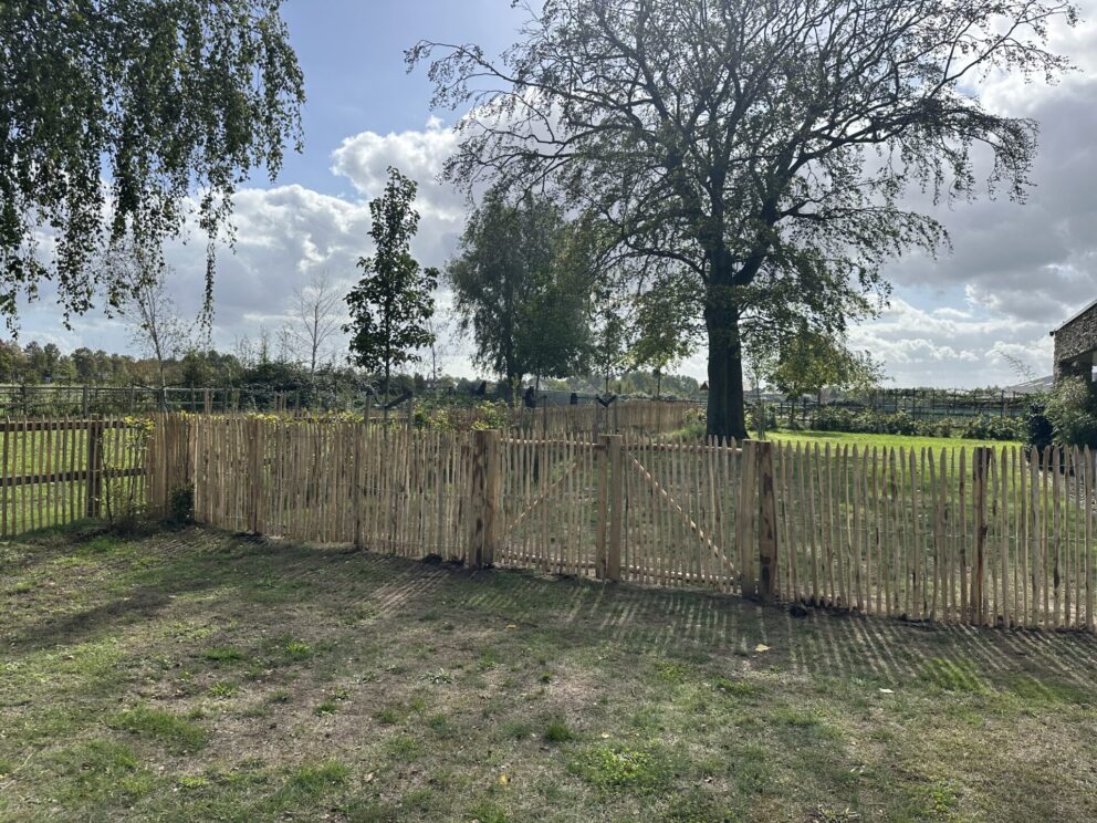 Frans schapenhek kastanje 120 hoog, latafstand 4 cm, 2x 5m rol, Kastanje paal 175 cm lang, diam. 7-9 cm, gepunt, Kastanje paal 200 cm lang, diam. 7-9 cm, gepunt, Frans schapenhek kastanje 120 hoog, latafstand 2 cm, 2x 5m rol en Raamwerkpoort kastanje dubbel 120Bx120H (cm)